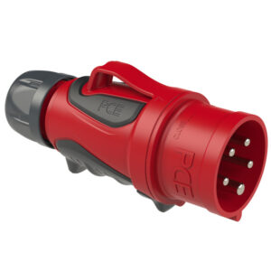 Индустриален щепсел с винтови клеми - никелиран месинг GRIP, 32А, 3P+PE+N, 400V, IP44, черно/червен, с дръжка