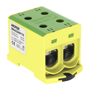 OTL240-2 жълто-зелен Тунелна клема 1P, 4 отвора, 2xAl/Cu 35-240мм2 1000V, 380/425А